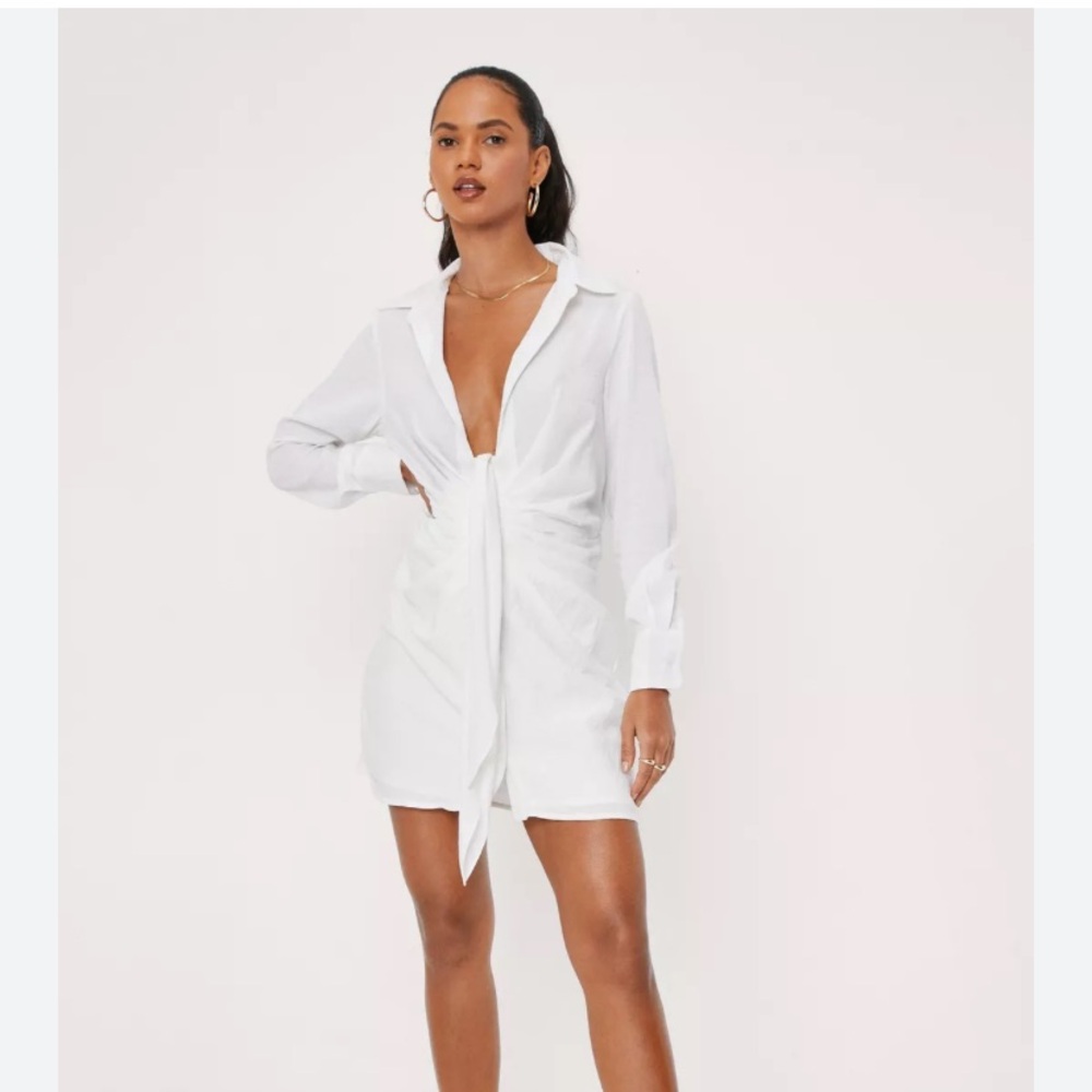 Nasty Gal Cream Ruched Low-Cut Tie-Front Dress with Notched Collar